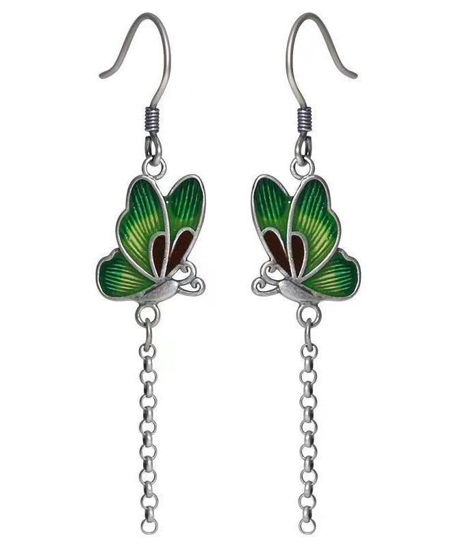 Green Butterfly Patchwork Silver Drop Earrings
