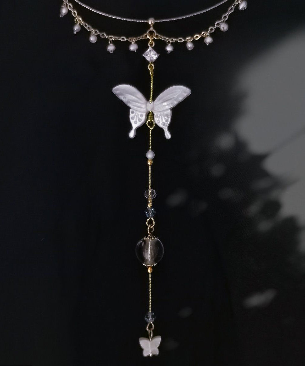 Chinese Style Gold Copper Overgild Zircon Glass Bead Wing Pendant Necklace