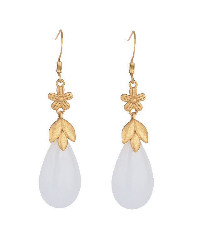 Classy White Ancient Gold Jade Water Drop Drop Earrings