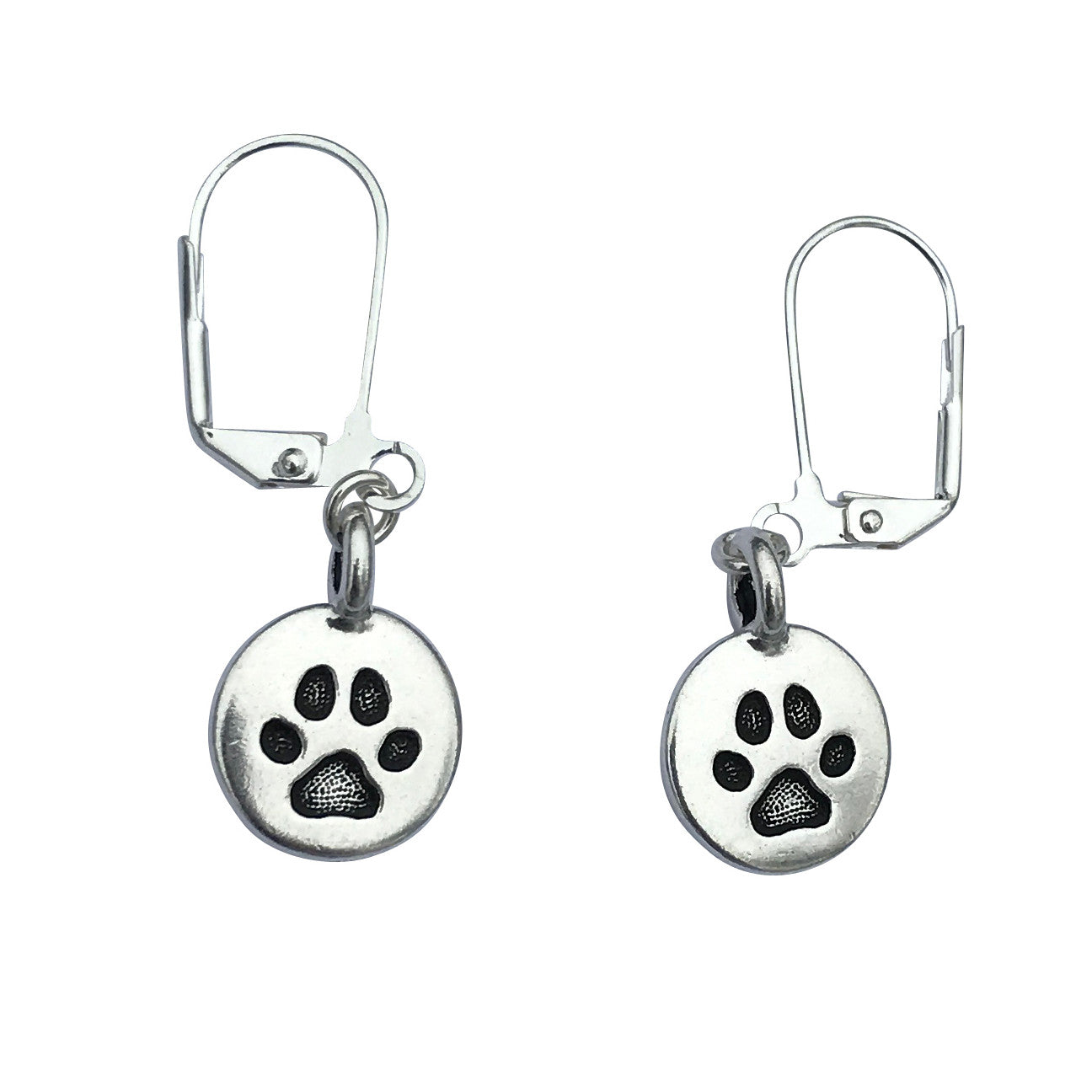 Dragonweave Paw Circle Charm Necklace and Earring Set, Silver Plated Black Leather Choker and Leverback Earrings