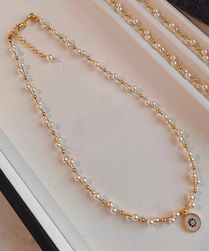 Pearl Double Layered Gilded Circle Pendant Necklace