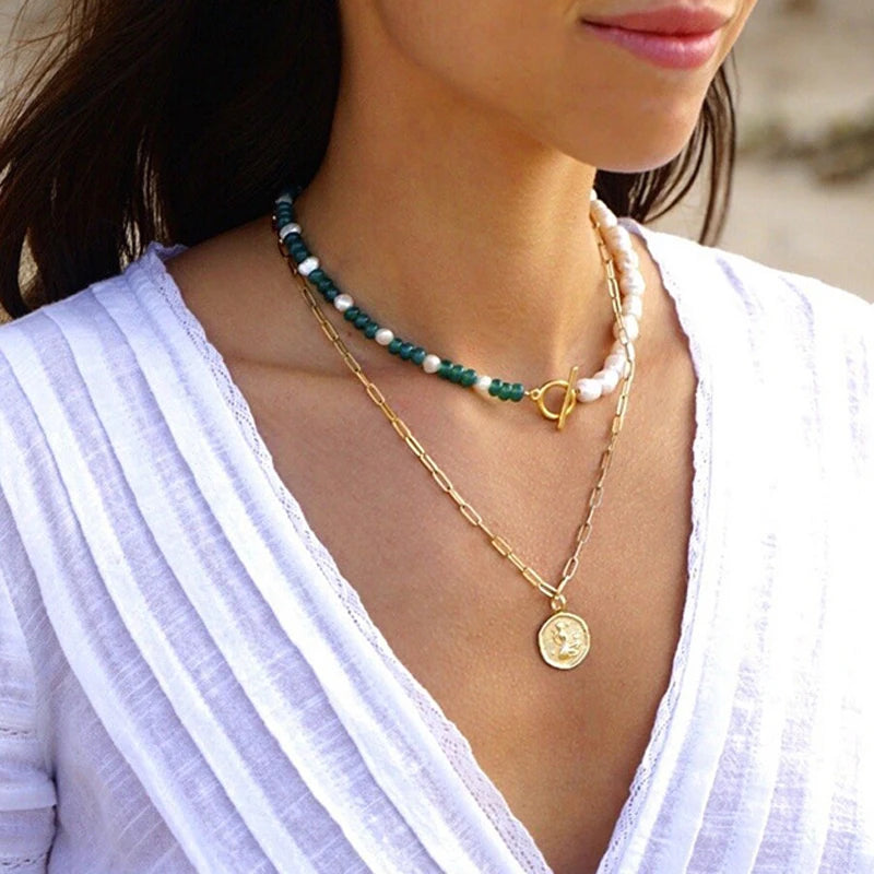 New 18kgf Nature Stone Necklace Natural Freshwater Pearl Cloisonne Bead Choker Necklace Banquet Trend Jewelry