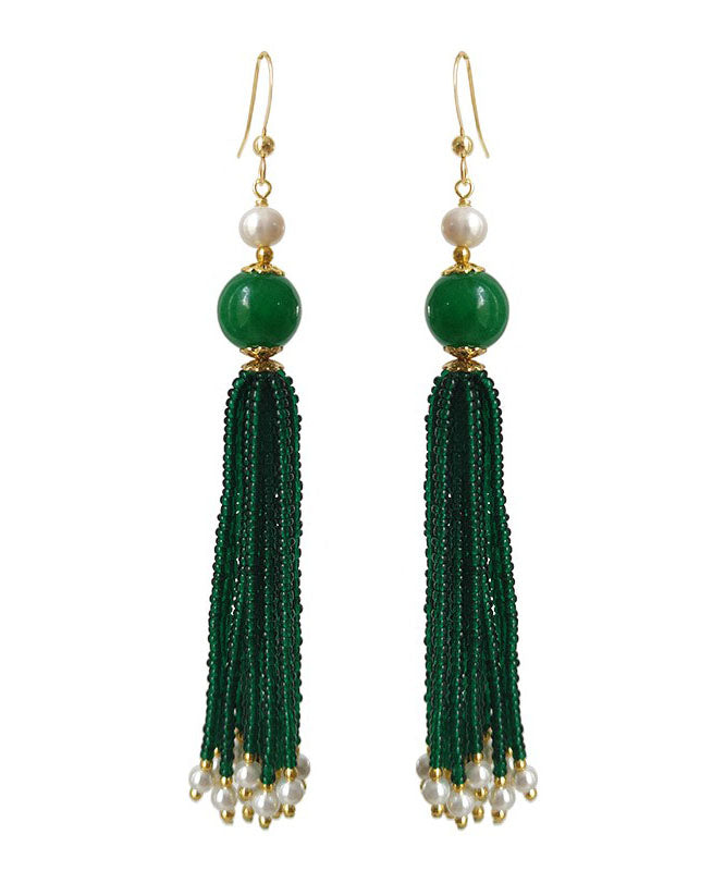 Handmade Blackish Green 14k Gold Pearl Dry Green Glass Beads Drop Earrings