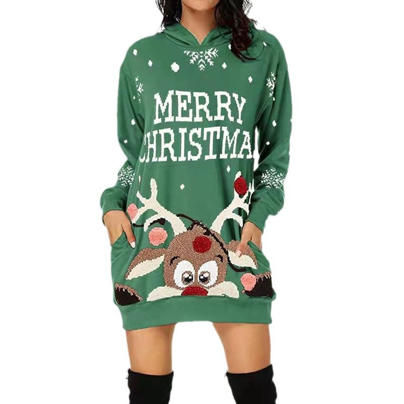 Women's Christmas Hooded Dress with Hood and Pockets R&B