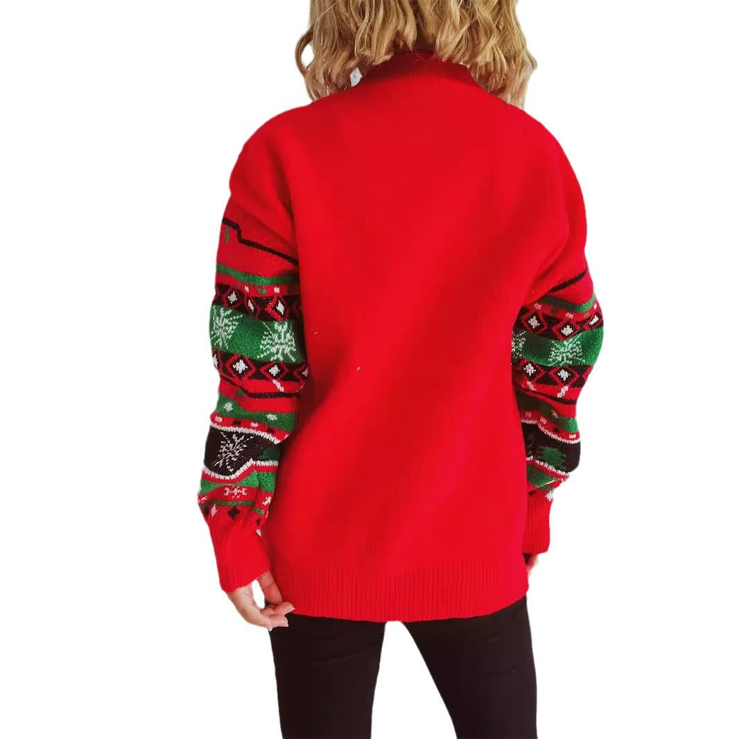 Women's Christmas Sweater with Cheerful Reindeer Motif and Eye-Catching Knit Pattern