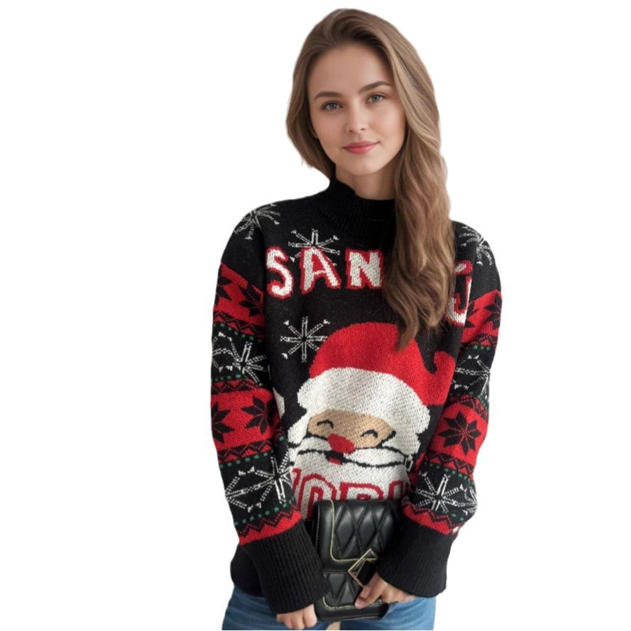 Women's Christmas Sweater with Festive Santa Motif and Textured Design R&B