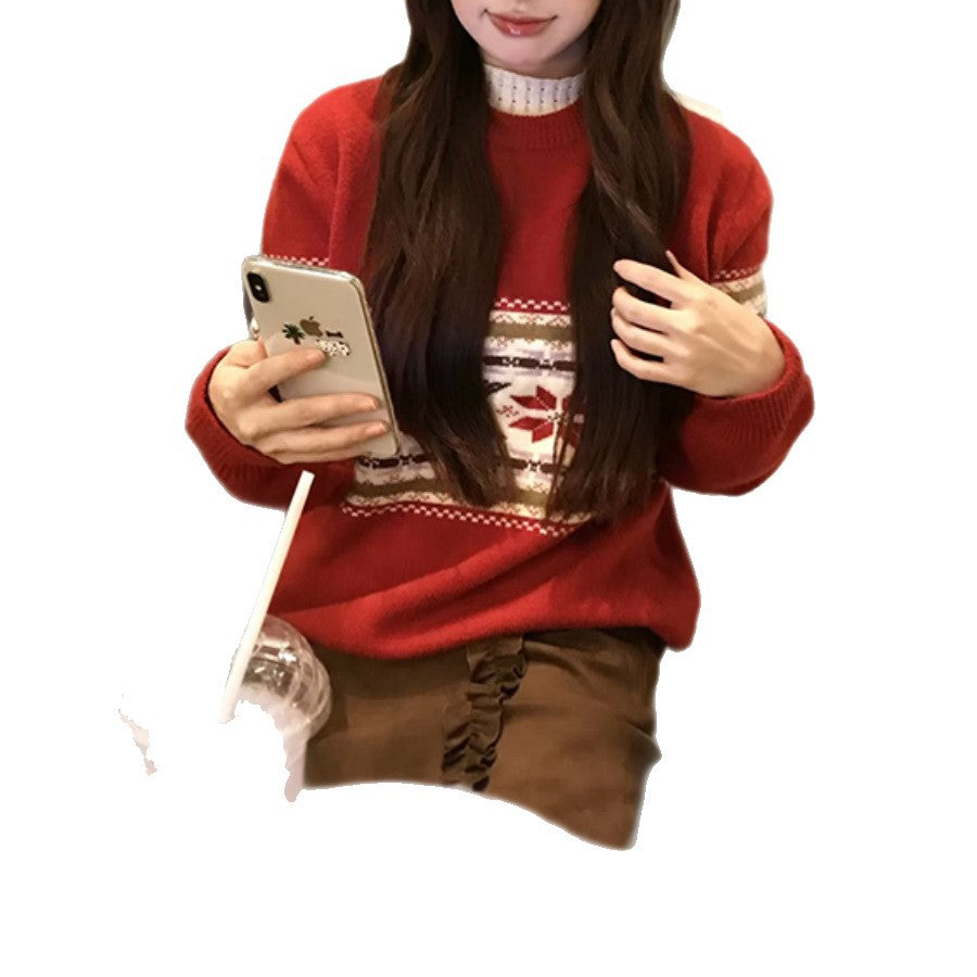 Women's Cozy Knit Sweater with Festive Pattern Mix