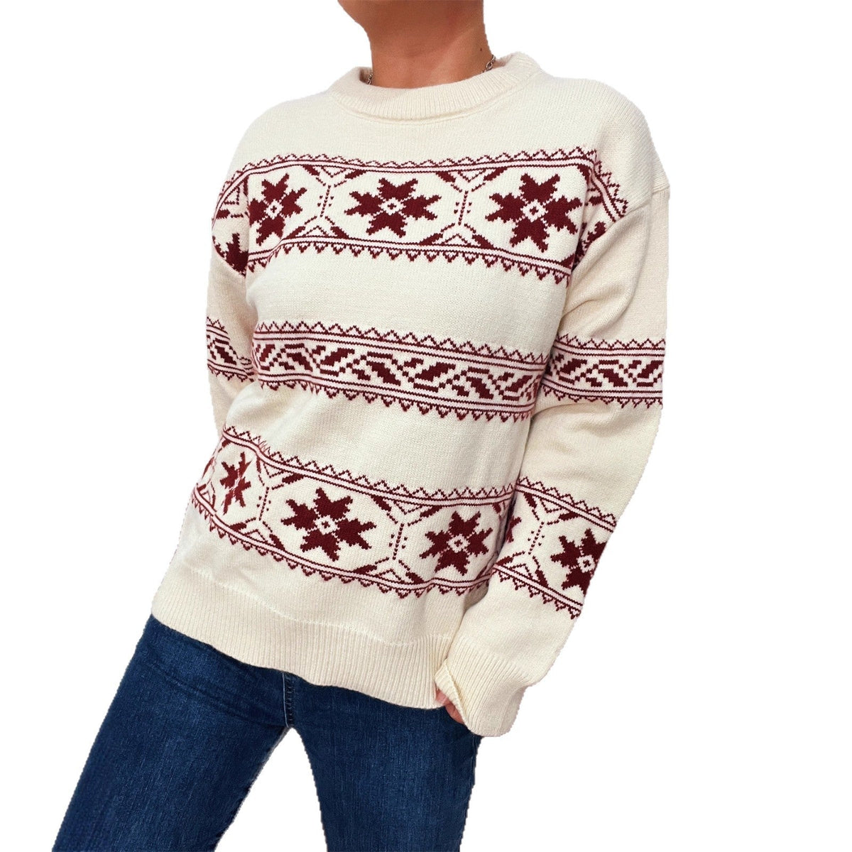 Women's Winter Sweater with Festive Snow Pattern and Soft Knit R&B