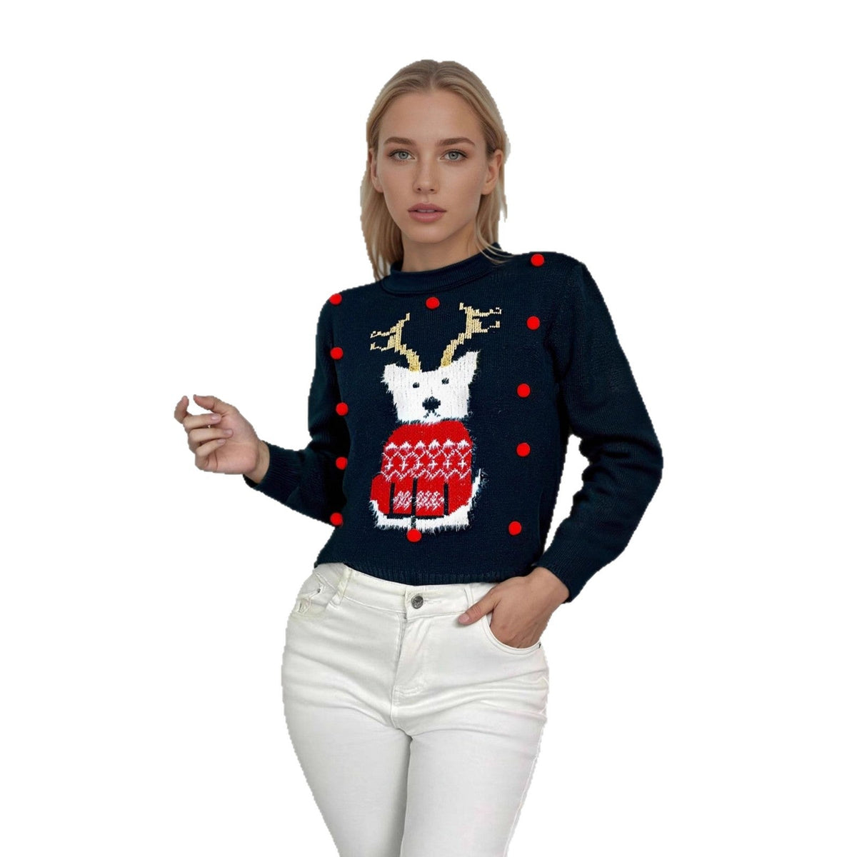 Women's Christmas Sweater with Festive Motifs and Creative 3D Details