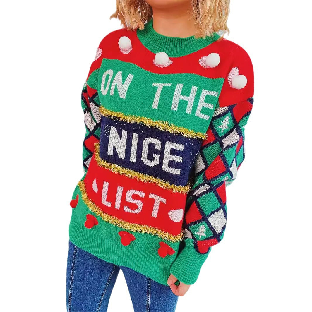 Women's Festive Sweater with Colorful Appliqués and Playful Design