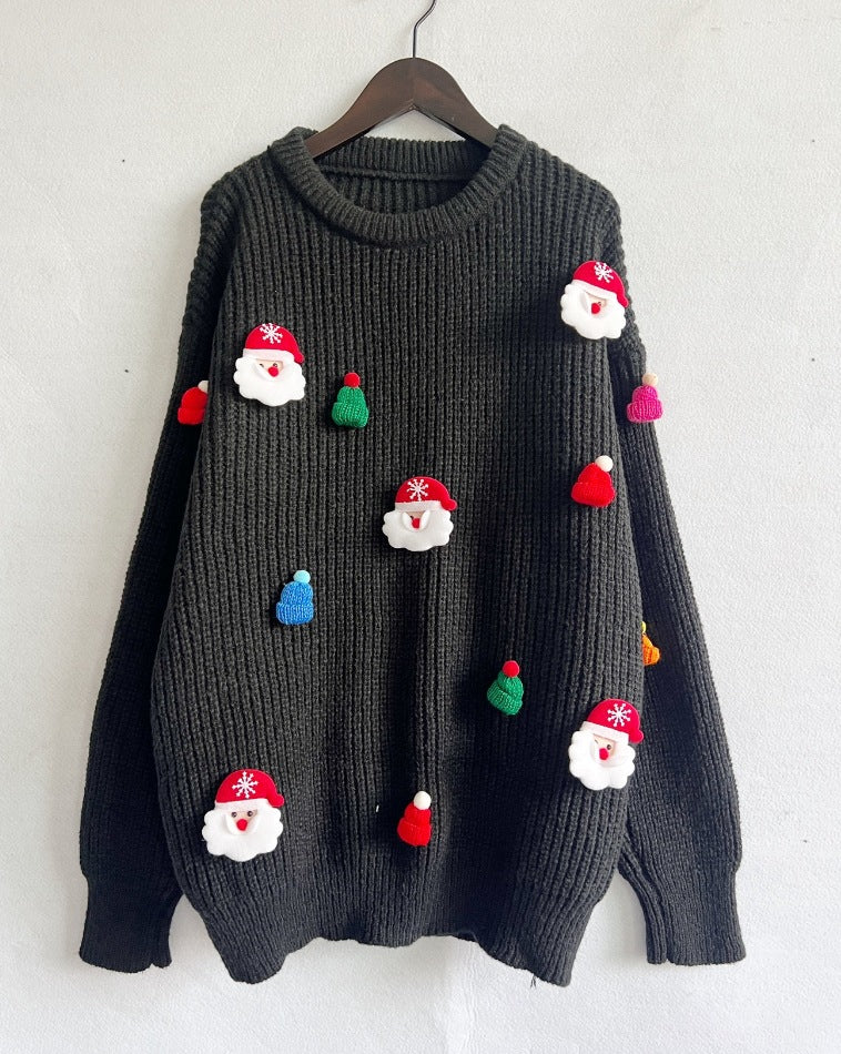 Women's Christmas Sweater with Festive Santa Motif and Textured Knit Quality