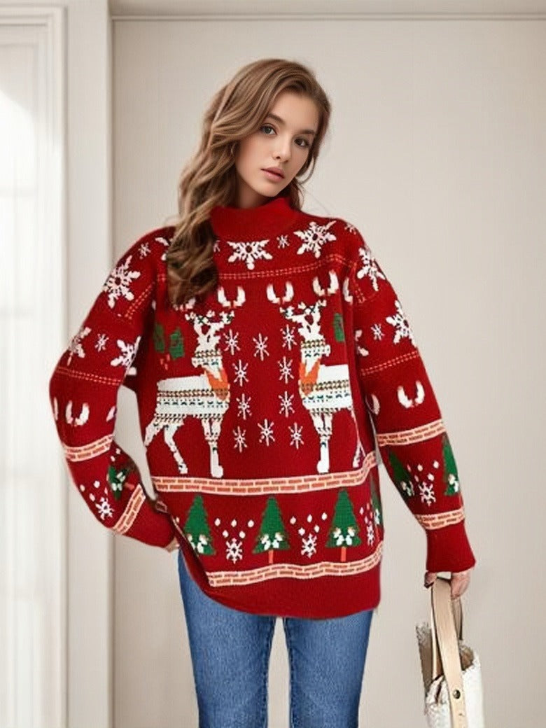 Women's Christmas Sweater with Festive Reindeer Motif and Cozy Cut
