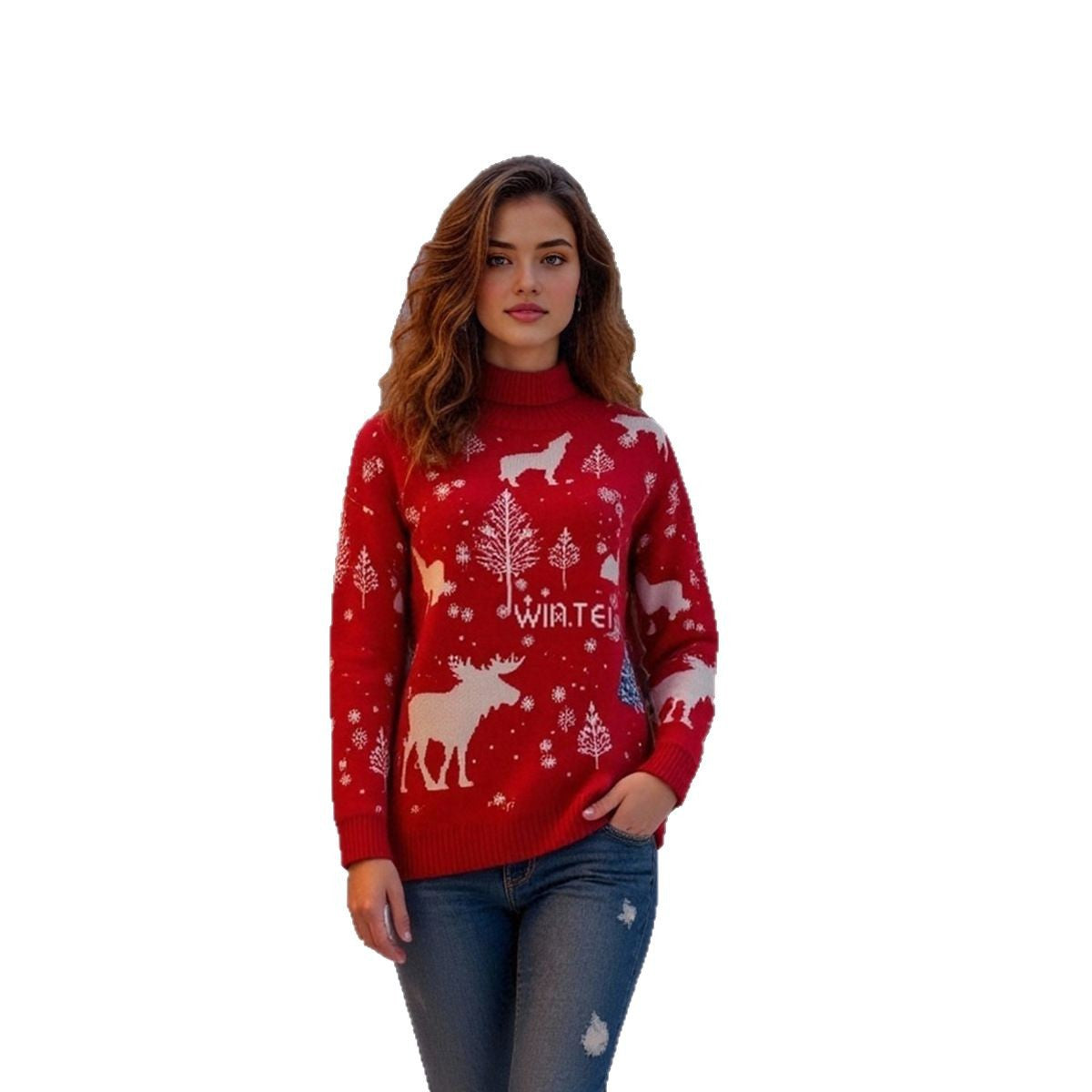 Women's Wintry Christmas Sweater with Festive Moose Design and High Collar R&B