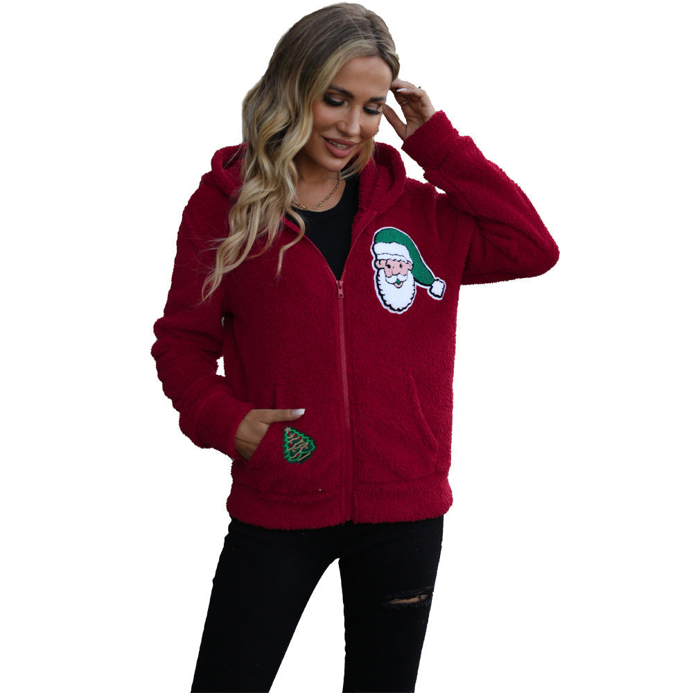 Women's Cozy Christmas Jacket with Hood and Festive Print
