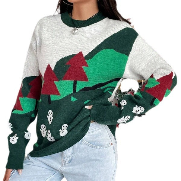 Women's Christmas Sweater with Festive Snow Motif and High Collar