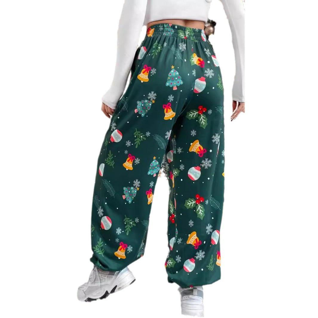 Women's Wide-Leg Pajama Pants with Festive Pattern