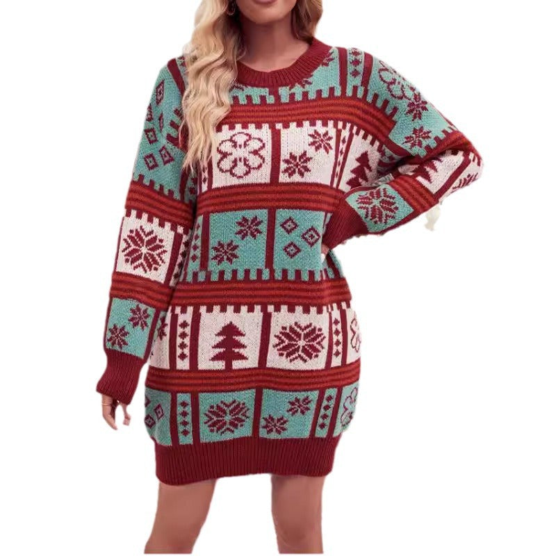 Women's Christmas Knit Dress with Festive Pattern and High Collar