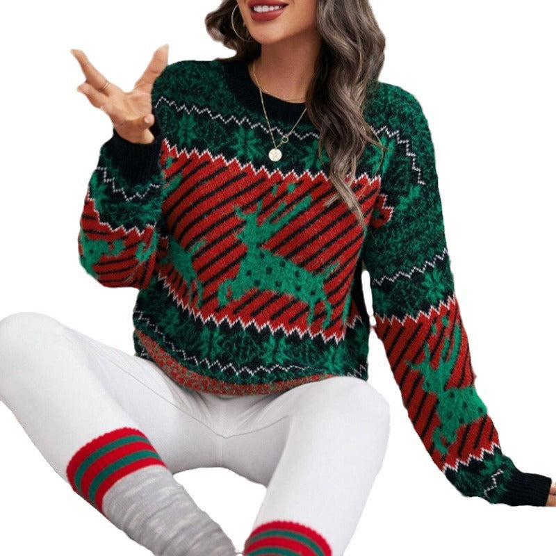Women's Festive Christmas Knit Sweater with Animal Print Pattern and Casual Cut