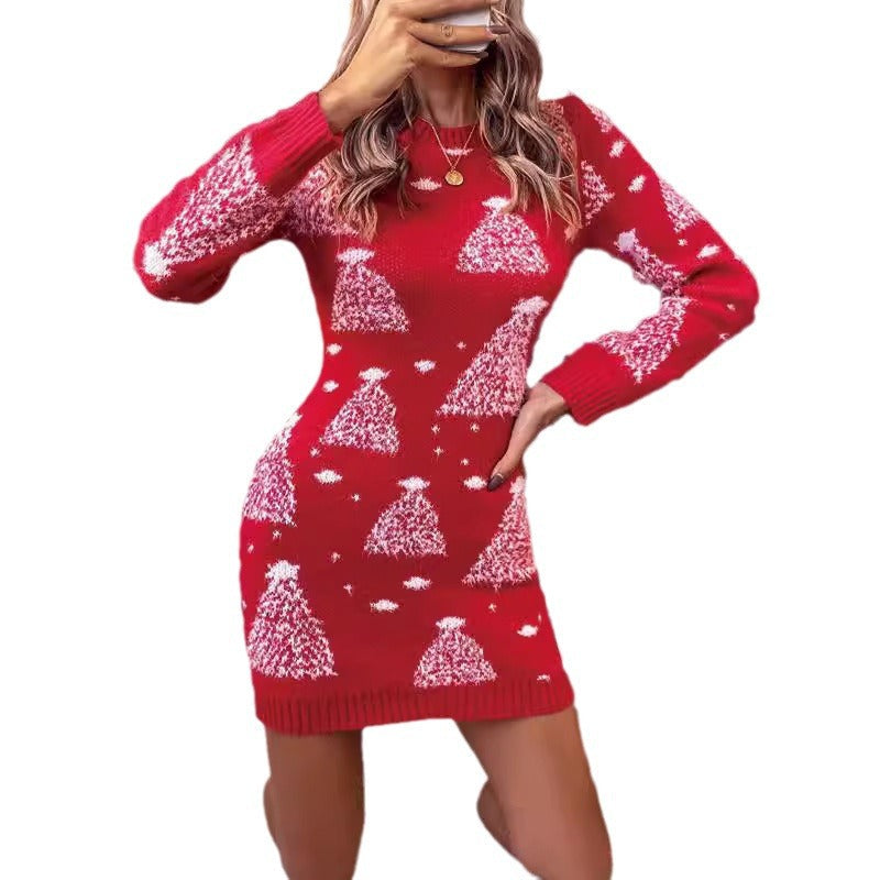 Women's Knit Dress with Festive Fir Tree Pattern