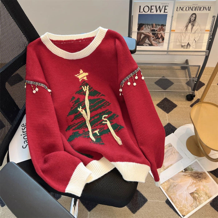 Women's Festive Knit Sweater with Fir Tree Motif and Playful Accents R&B