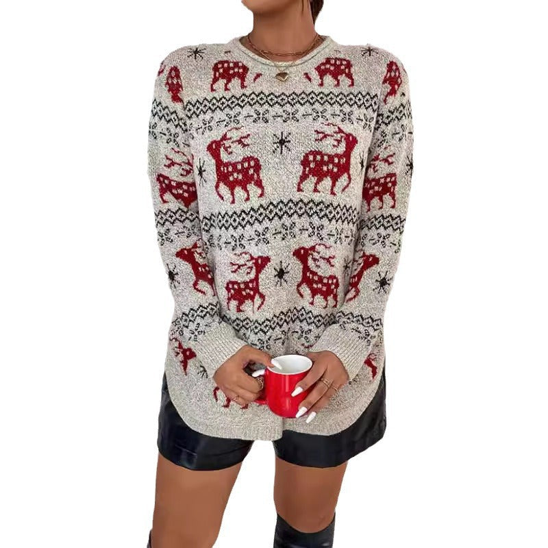Women's Festive Knit Sweater with Detailed Reindeer Motif and High Collar