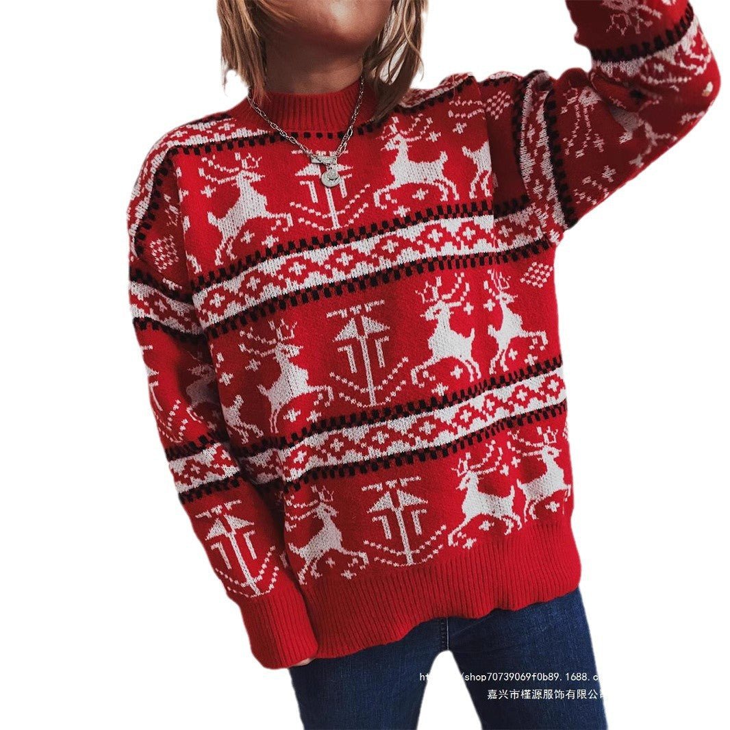 Women's Christmas Sweater in Festive Norwegian Pattern with Crew Neck