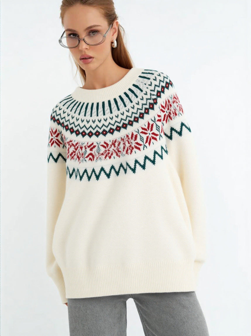Women's Knit Sweater with Festive Norwegian Motif and Wide Cut R&B