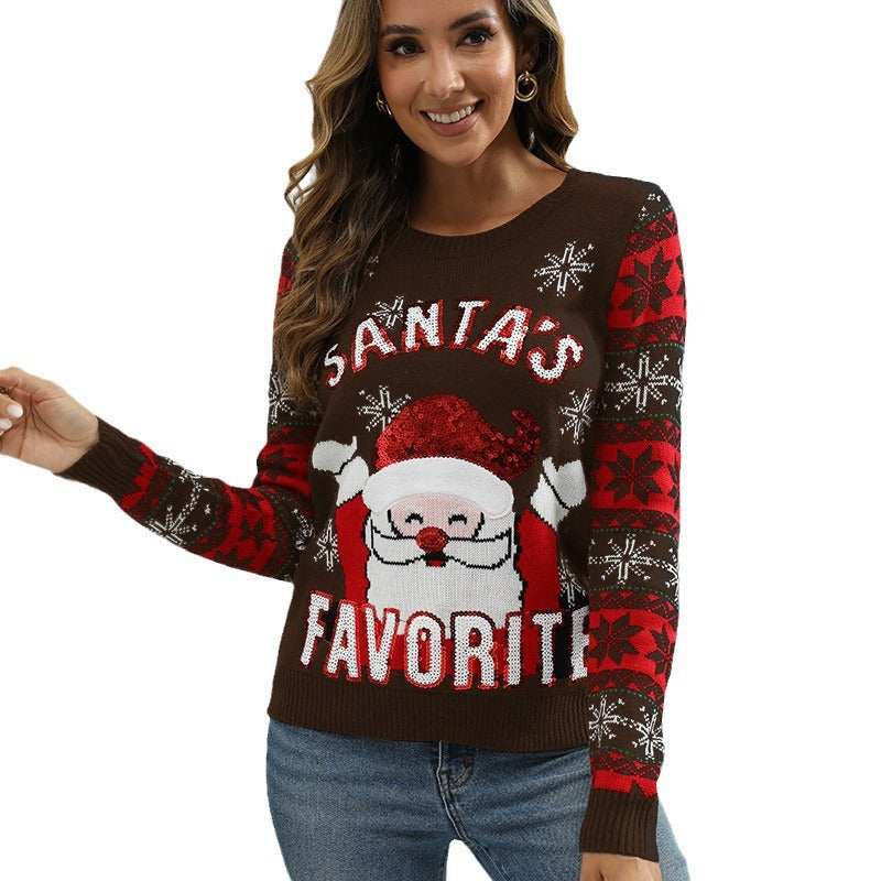 Women's Festive Christmas Sweater with Christmas Motif and Crew Neck