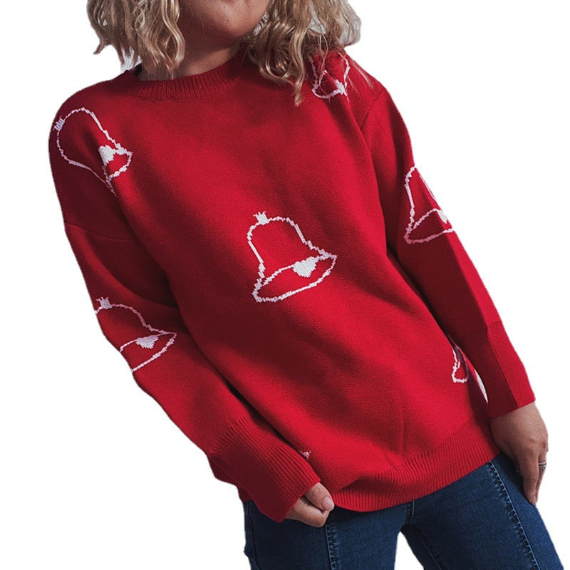 Women's Festive Sweater with Cheerful Bell Motif and Casual Cut R&B
