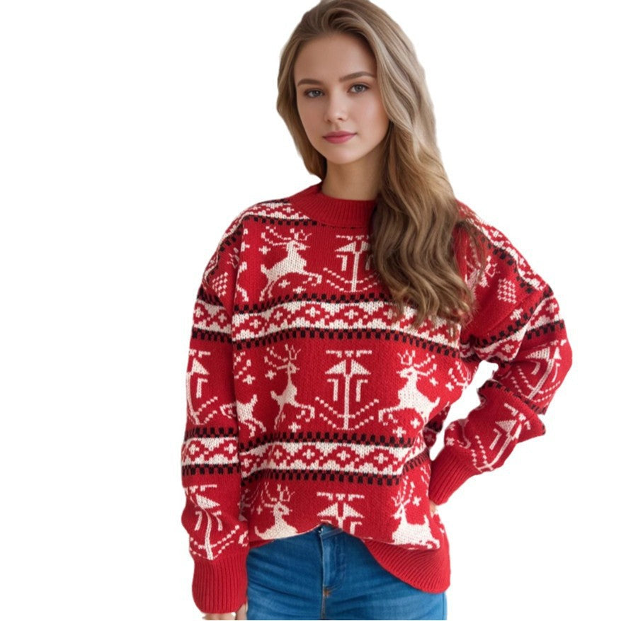Women's Christmas Knit Sweater with Festive Reindeer Design and High Collar