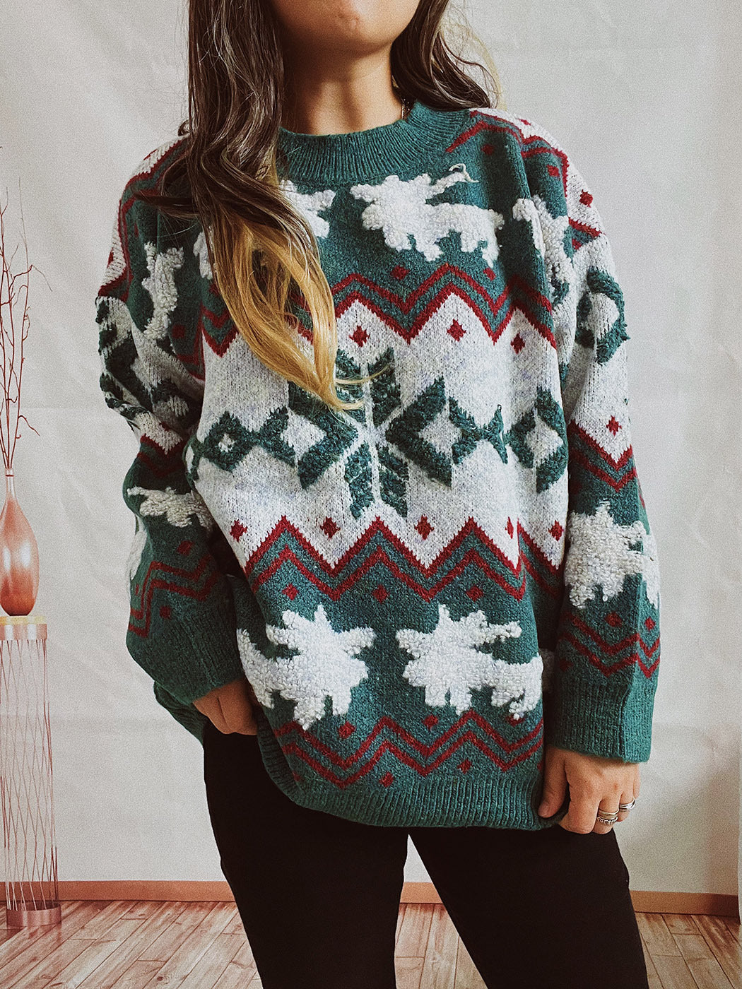Women's Festive Knit Sweater with Christmas Design and High Collar R&B