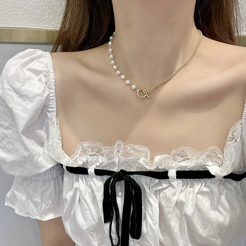 Vienkim Baroque Style Necklace Neck Chains for Pearl Simple Hip Hop Metal Choker Punk Clavicle Chain Jewelry