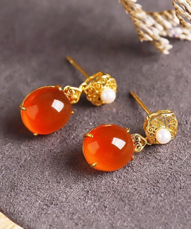 Simple Red 18k Gold Inlaid Jade Agate Drop Earrings
