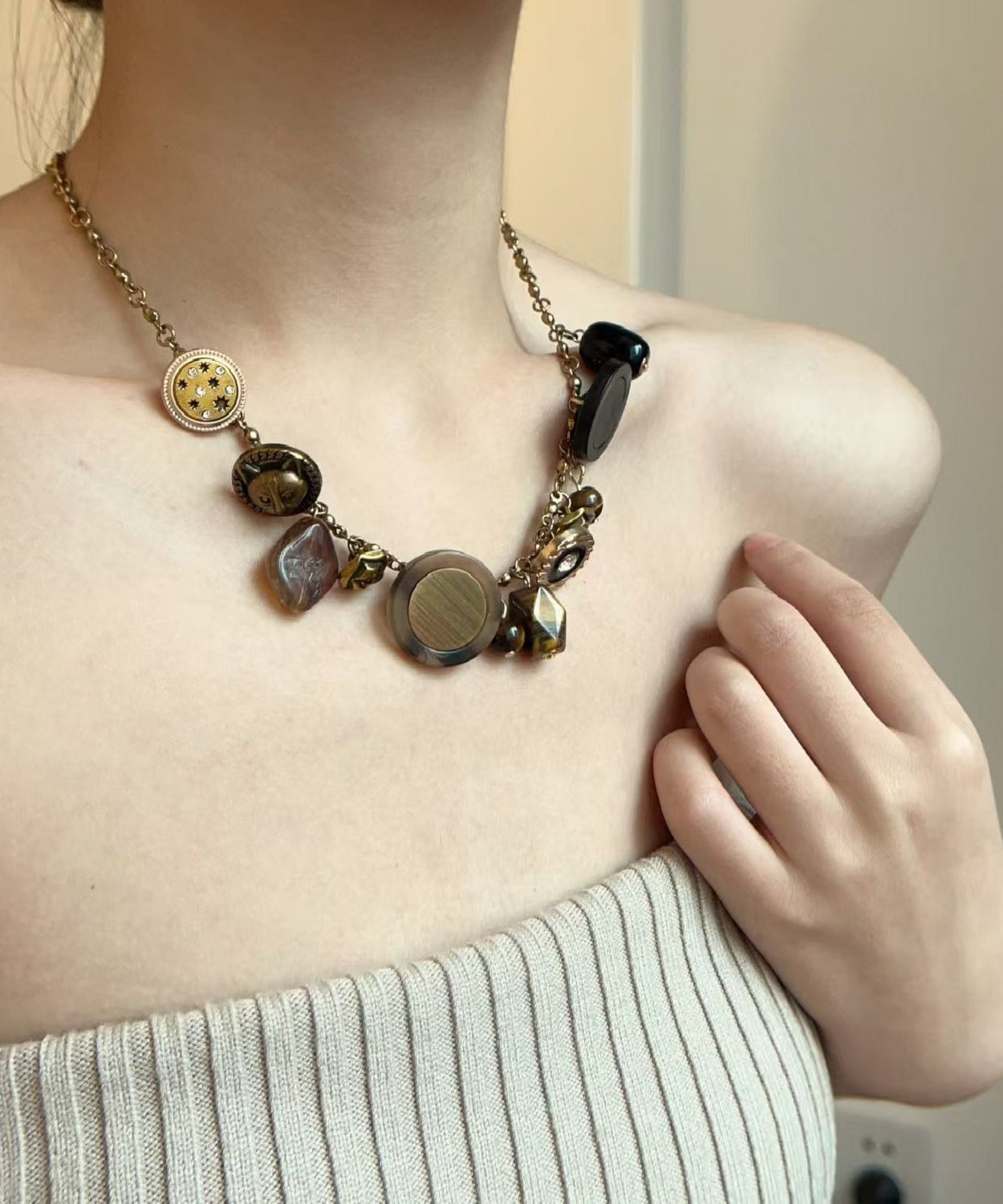 Gold Copper Tiger Eye Stone Tassel Necklace Wi011