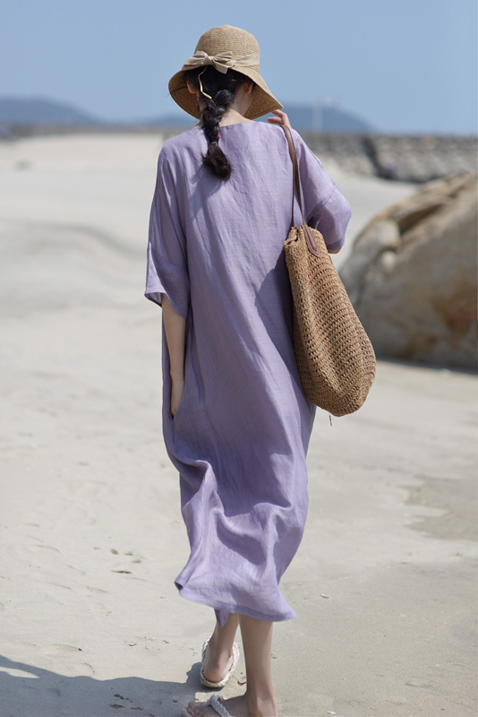 Summer Simple Short Sleeve Dress Loose Ramie Robe