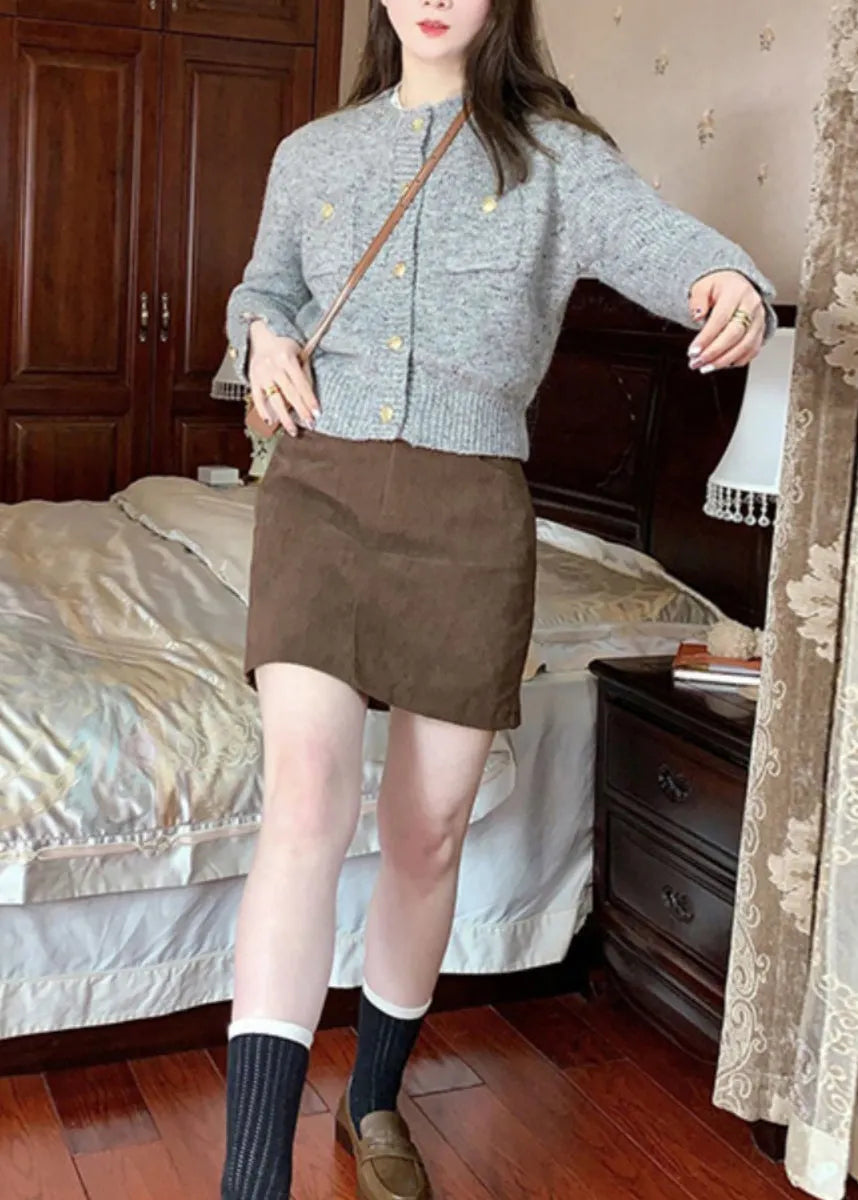 Grey O Neck Button Knit Short Sweater Cardigan Fall