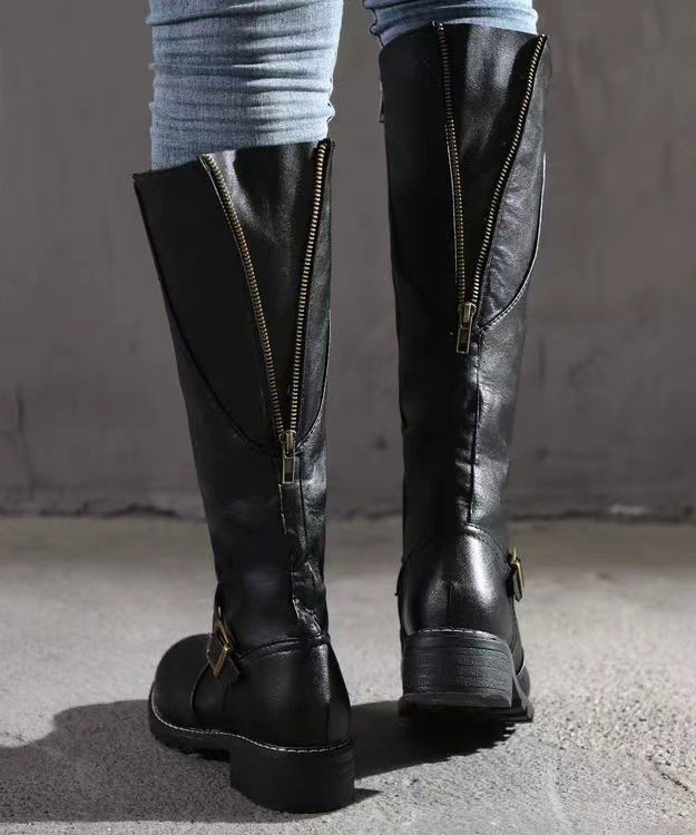 Brown Faux Leather Splicing Chunky Knee Boots