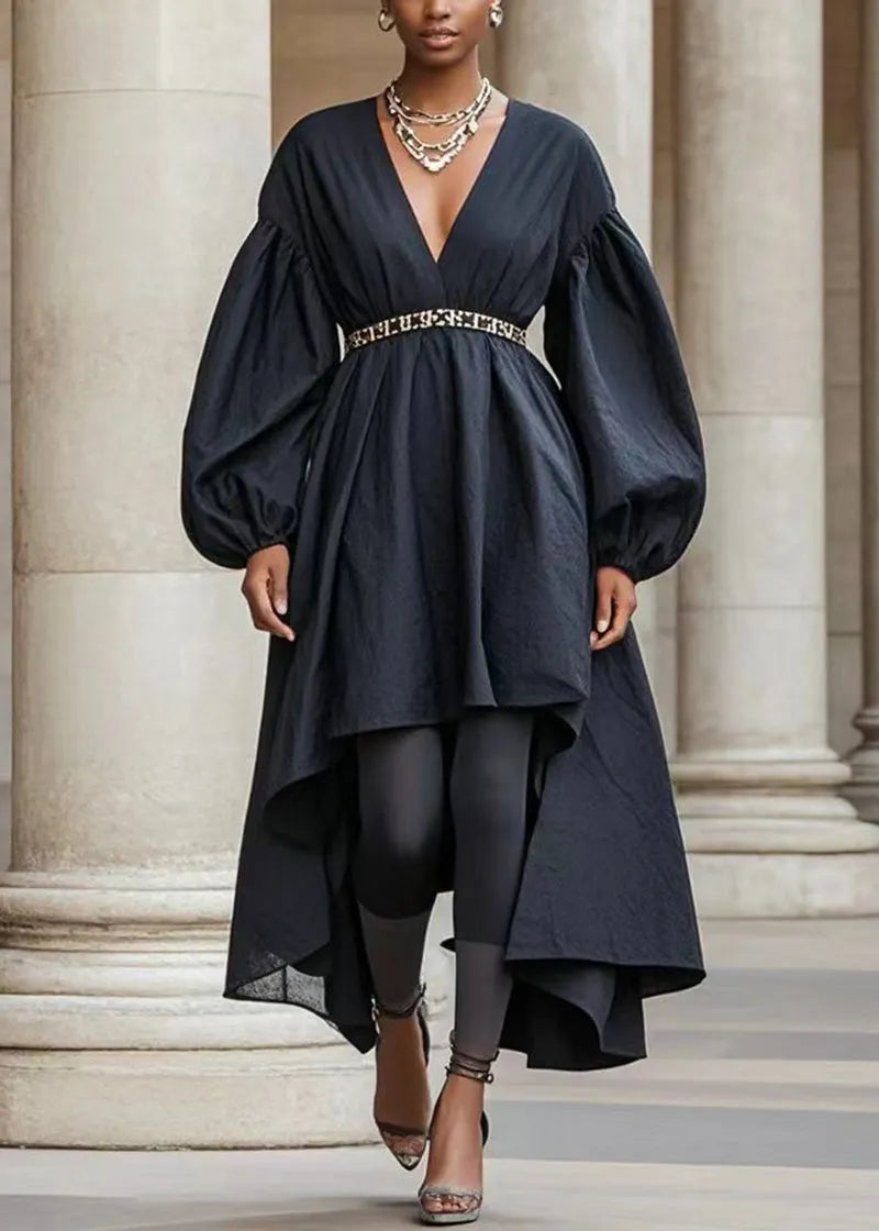 Black Asymmetrical Design Silm Fit Cotton Holiday Dress Fall