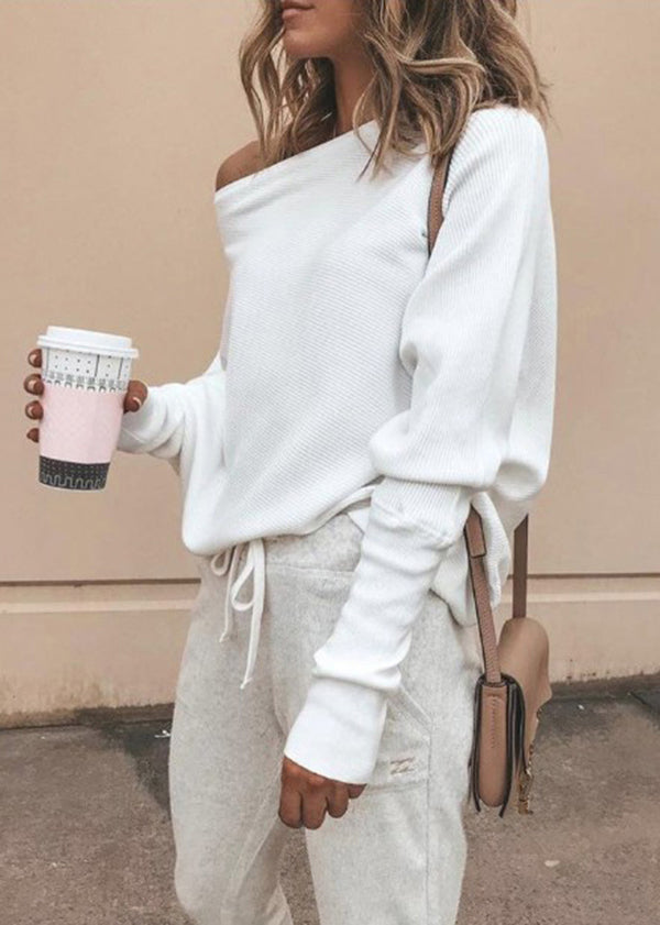 Style White Slash Neck Cotton T Shirts Tops Fall