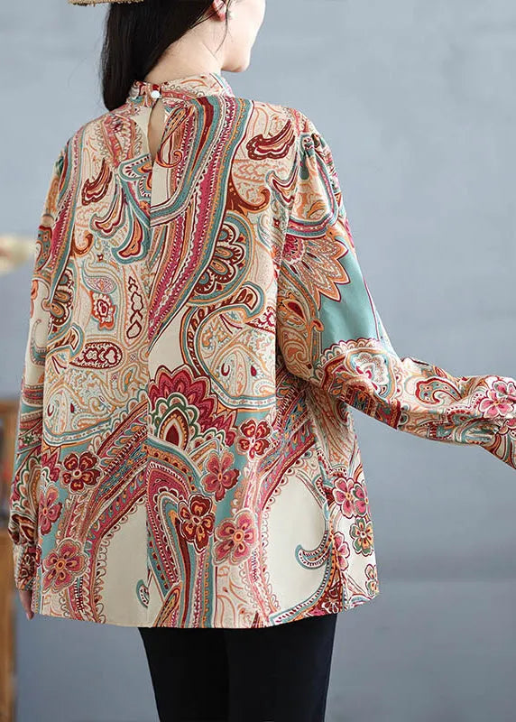 Stand Collar Print Cotton Shirt Tops Fall