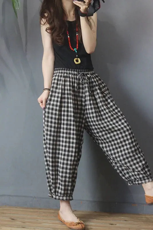 Limited Stock- Summer Plaid Drawstring Cotton Linen Harem Pants
