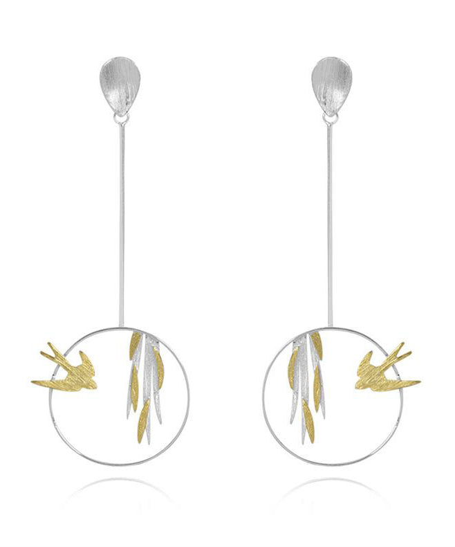 Unique Silk Sterling Silver Little Bird Leaf Drop Earrings