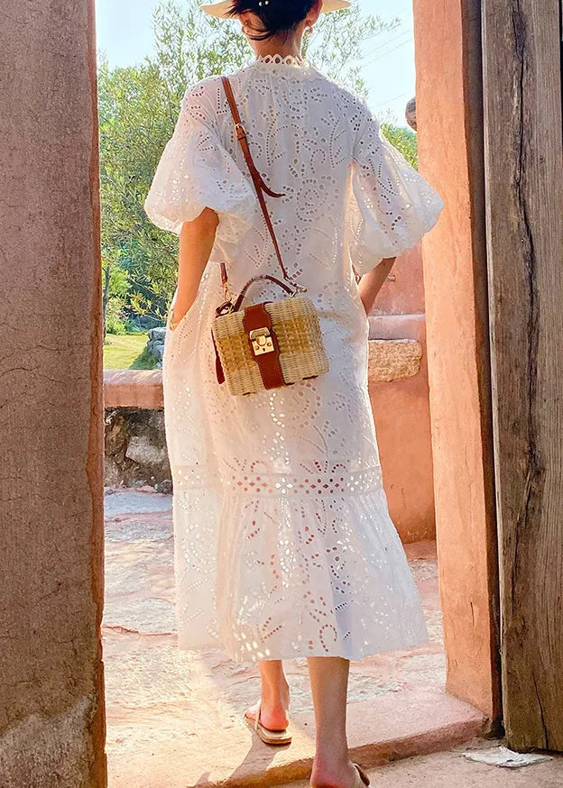 White Embroidered Hollow Out Pockets Cotton Long Dress Puff Sleeve