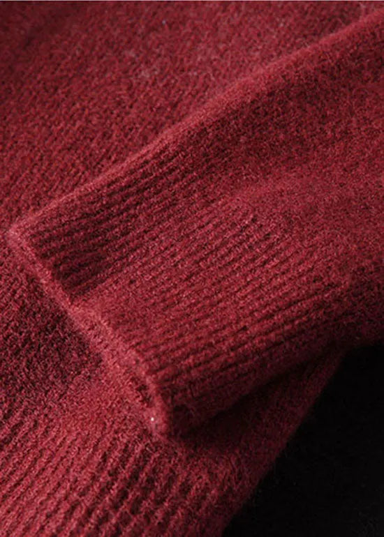Loose Red O-neck Print Woolen Sweaters Spring