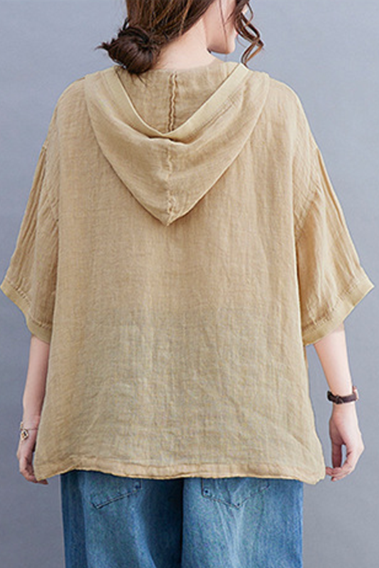 Summer Hooded Short Sleeve T-shirt Loose Cotton Linen Tops