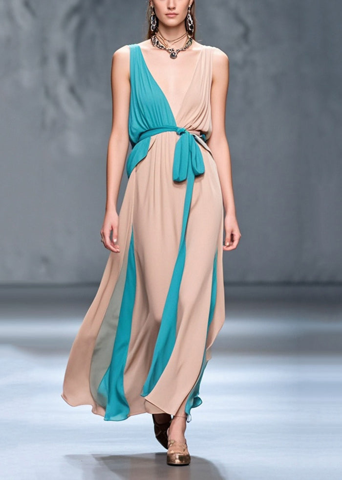 Nude Asymmetrical Patchwork Chiffon Maxi Dress Summer
