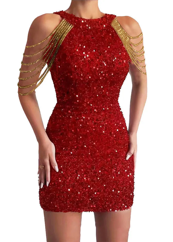 New Pink Neck Hanging Crystal Chain Sequin Dress