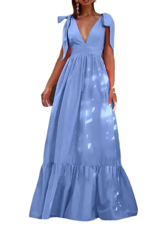 New Yellow V Neck Lace Up Patchwork Cotton Maxi Dress Summer