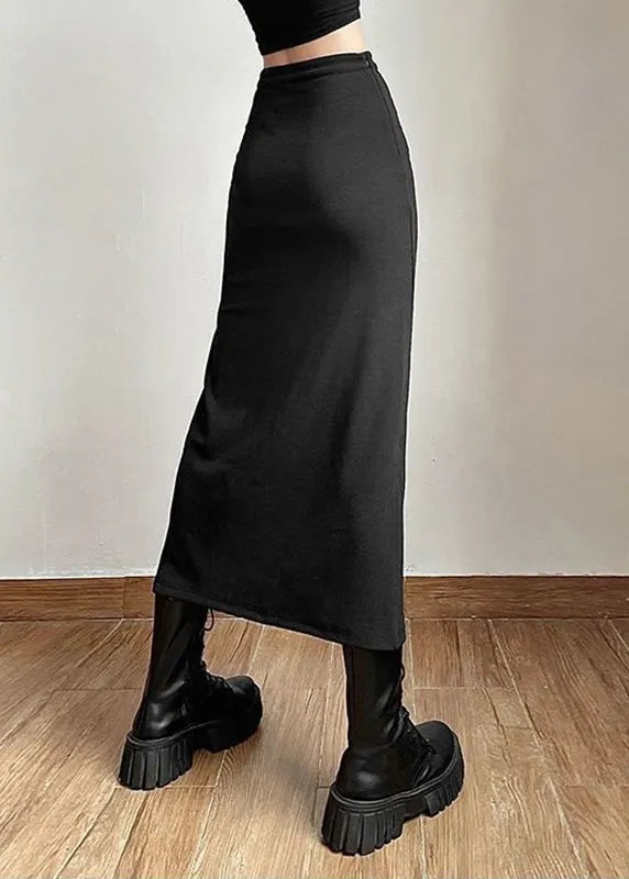 Black Side Open Button Long Skirt Summer