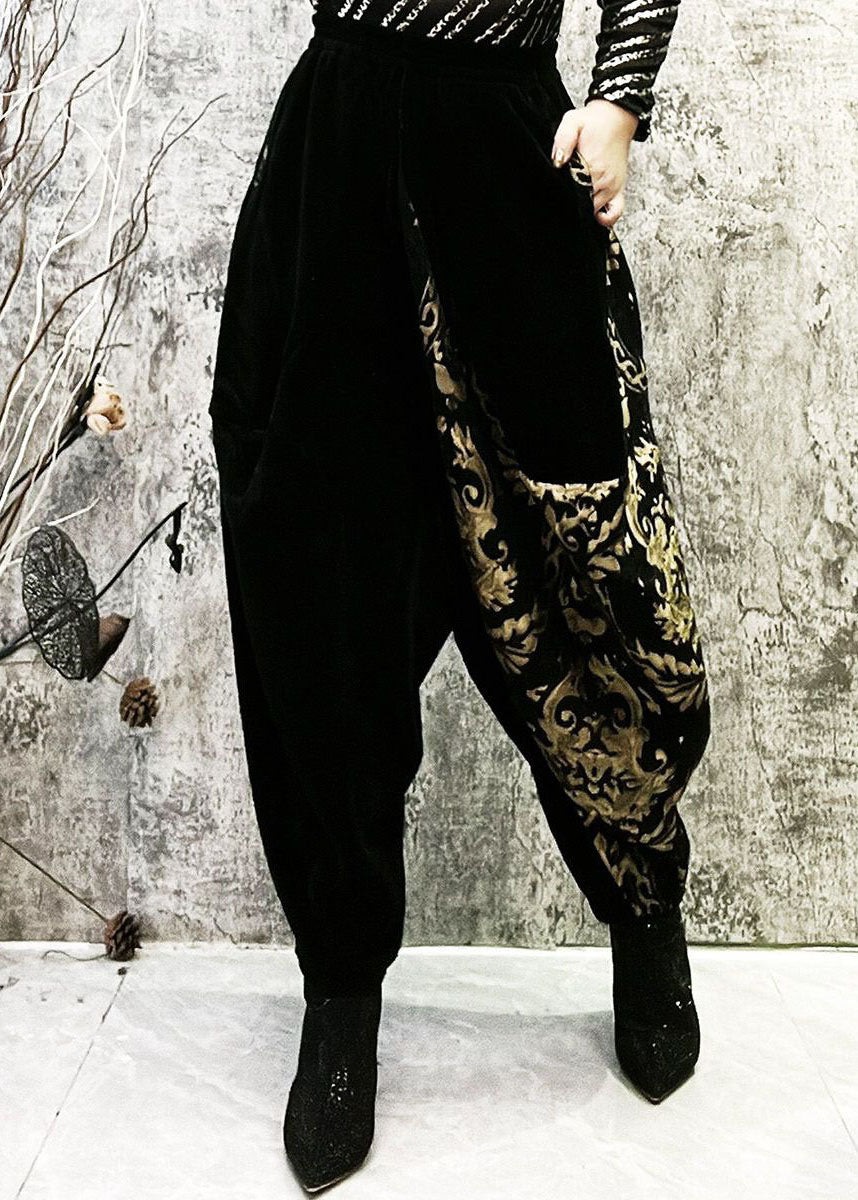 Black Embroidered Pockets Patchwork Corduroy Lantern Pants Spring